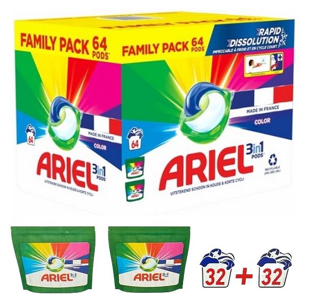 Ariel 2x 32szt/ 64szt 3w1 Color kapsułki [FR]